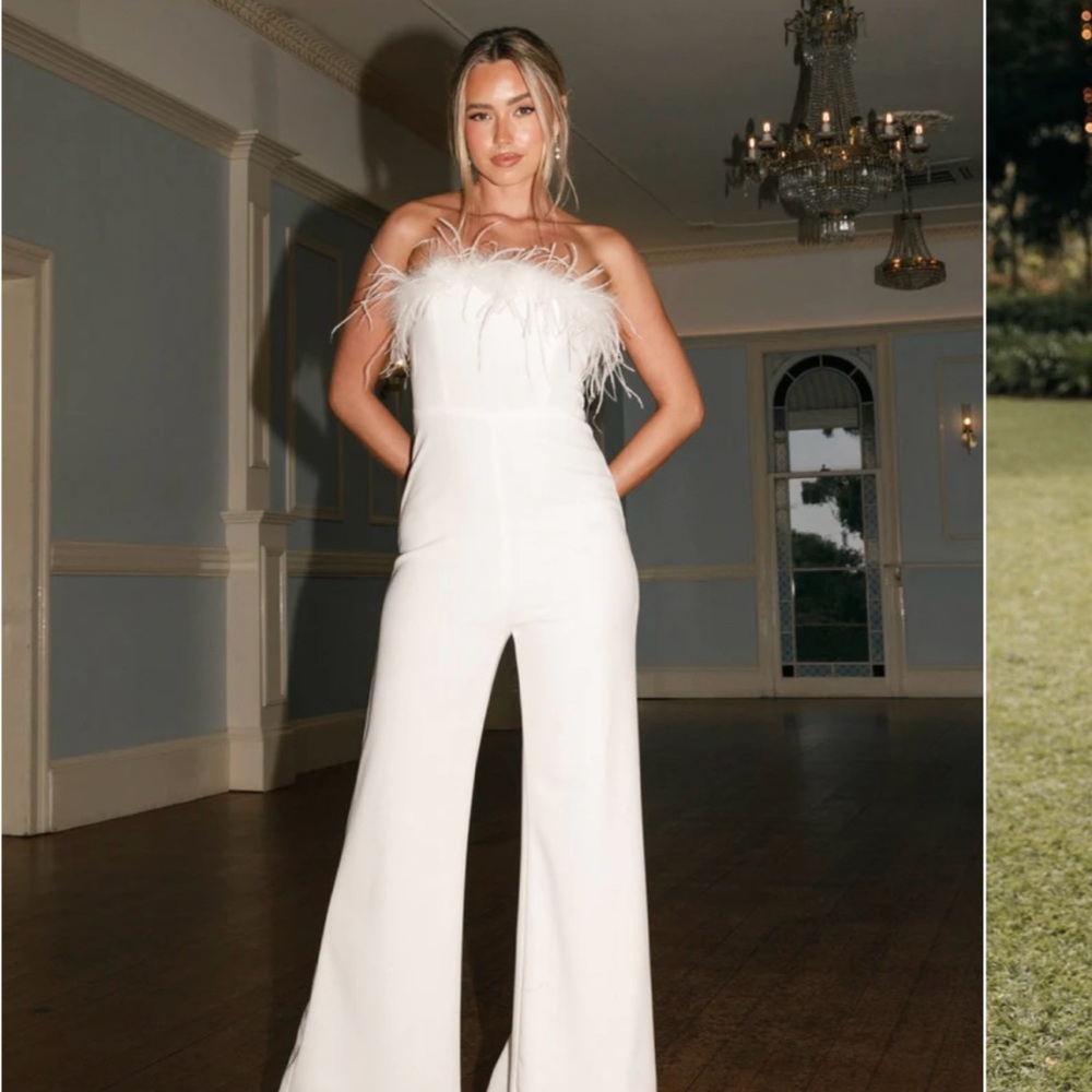 Plus size white feather bridal jumpsuit
